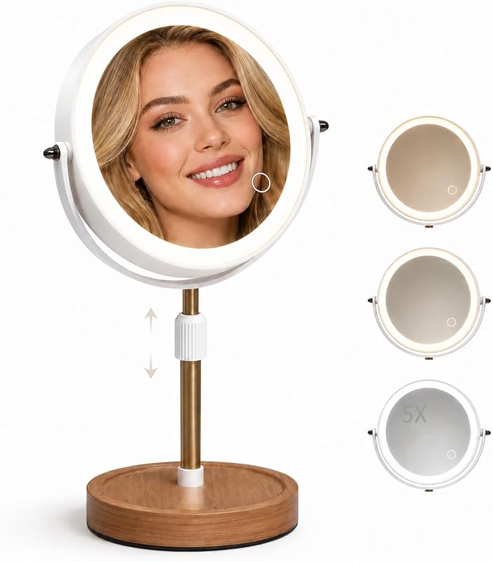 Espelho para maquiagem Osuke com iluminação, dupla face 1X/5X, LEDs reguláveis, altura ajustável e rotação de 360°