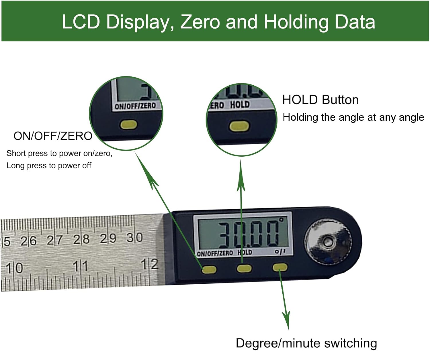 12 Inch Digital Angle Finder, JYEASTZ Stainless Steel Digital Protractor Angle Ruler with Holding Angle Data, Ideal for Construction Woodworking (12inch)
