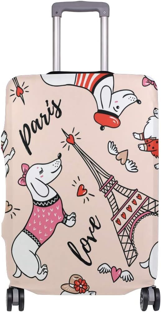 BALII Cartoon Dachshund and Eiffel Tower Trolley Case Protective Cover Elastic Luggage Cover Fits 18-32 Inch Luggage