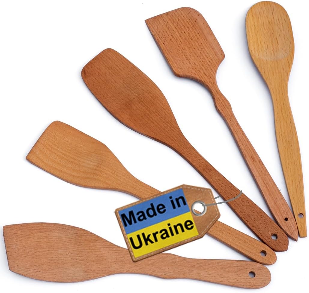ECOSALL Nonstick Wooden Spoons For Cooking – 5 European Premium Spoons Set - 100% Healthy and Natural Wooden Spatula – Long Handled, Strong, Durable, Solid Wood Cooking Utensils for Everyday Cooking