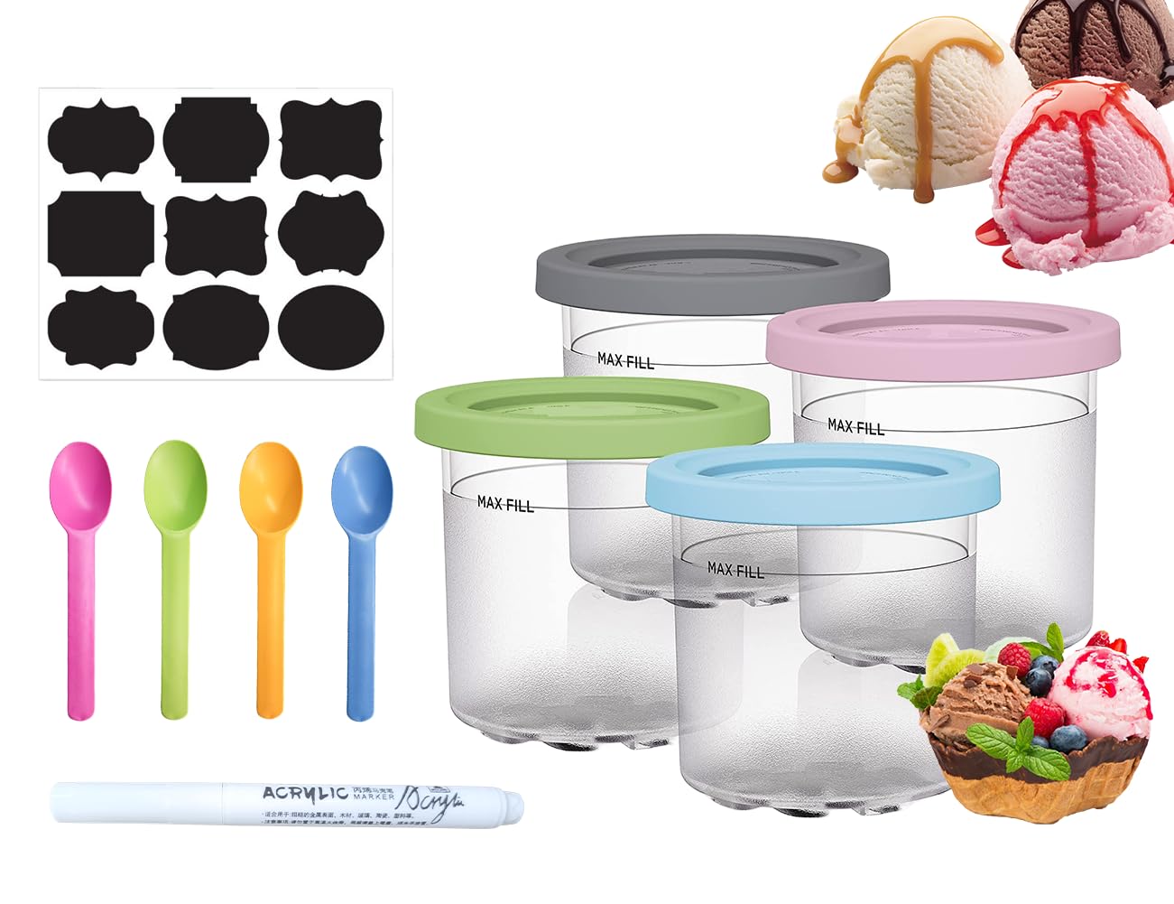 Litex Ninja Creami Pints 4 Pack,Creami Pints and Lids for Ninja,Smoothie Pot Compatible with NC299AMZ & NC300s Series Creamer Ice Cream Maker Machine,Dishwasher Safe, W/ 4X Spoon, 1 Marker and Sticker