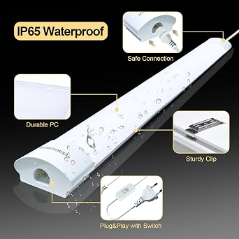 4ft LED Batten Lights 2 Pack, Plug and Play, 3m Cable, 6500K | Daylight Plug in Strip Lights with Switch, 1.2m Interconnectable Cable, 36w, IP65 Waterproof, Garage, Ceiling, Workshop, [Energy Class E]