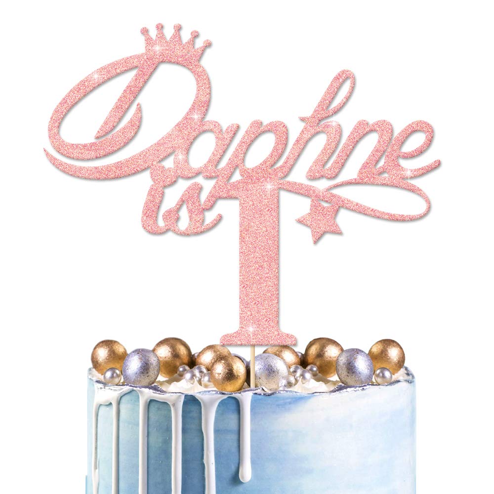 EDSG Personalised 1st Birthday Cake Topper | Customised Name Decor | Double Sided Glitter Card | Glitter Birthday Cake Decoration Hand Finished in UK (Baby Pink)