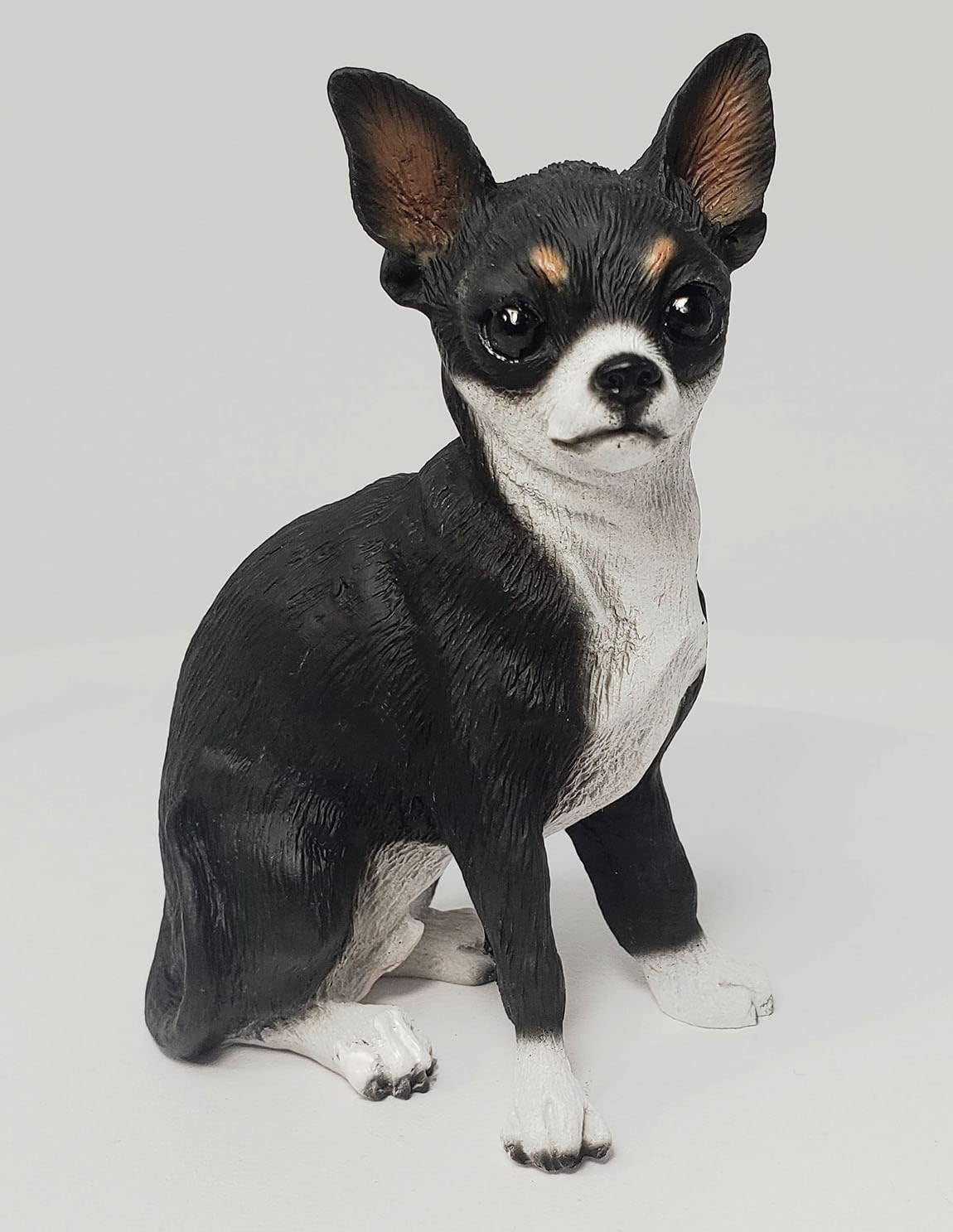 CHIHUAHUA Black White Dog Sits FIGURINE Resin DF06A