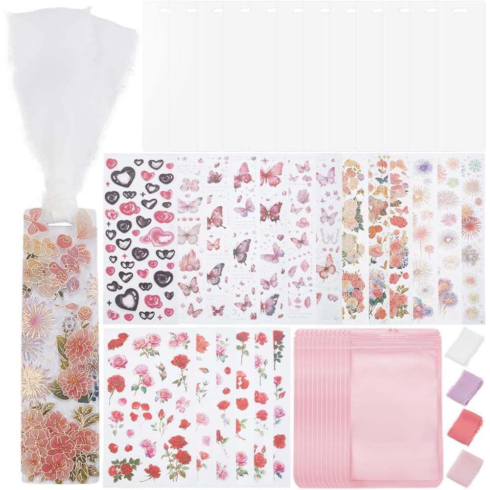 BEAMARKER Bookmark Making Kit 12Pcs Clear Acrylic Bookmark Blanks with Flower Butterfly Heart Decorative Stickers 4m Pink White Ribbon DIY Craft Set with Gift Bags for Handmade Bookmarks Pink Theme