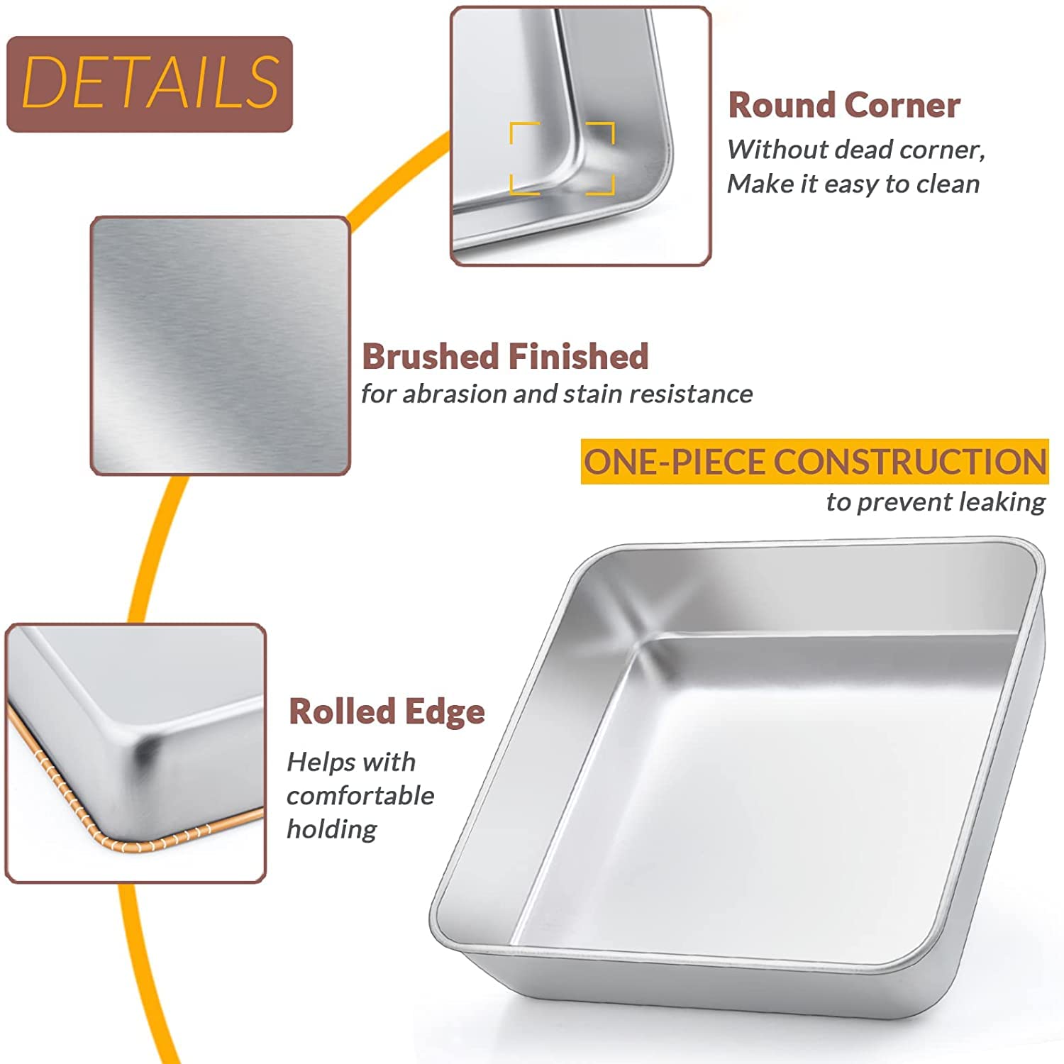 ZNZNANG Square Baking Cake Pan,Stainless Steel Baking Cake Pan,Toaster Oven Pan,Barbeque Grill Pan,Deep Edge, With a sturdy all-in-one construction, Dishwasher Safe. (9INCH)