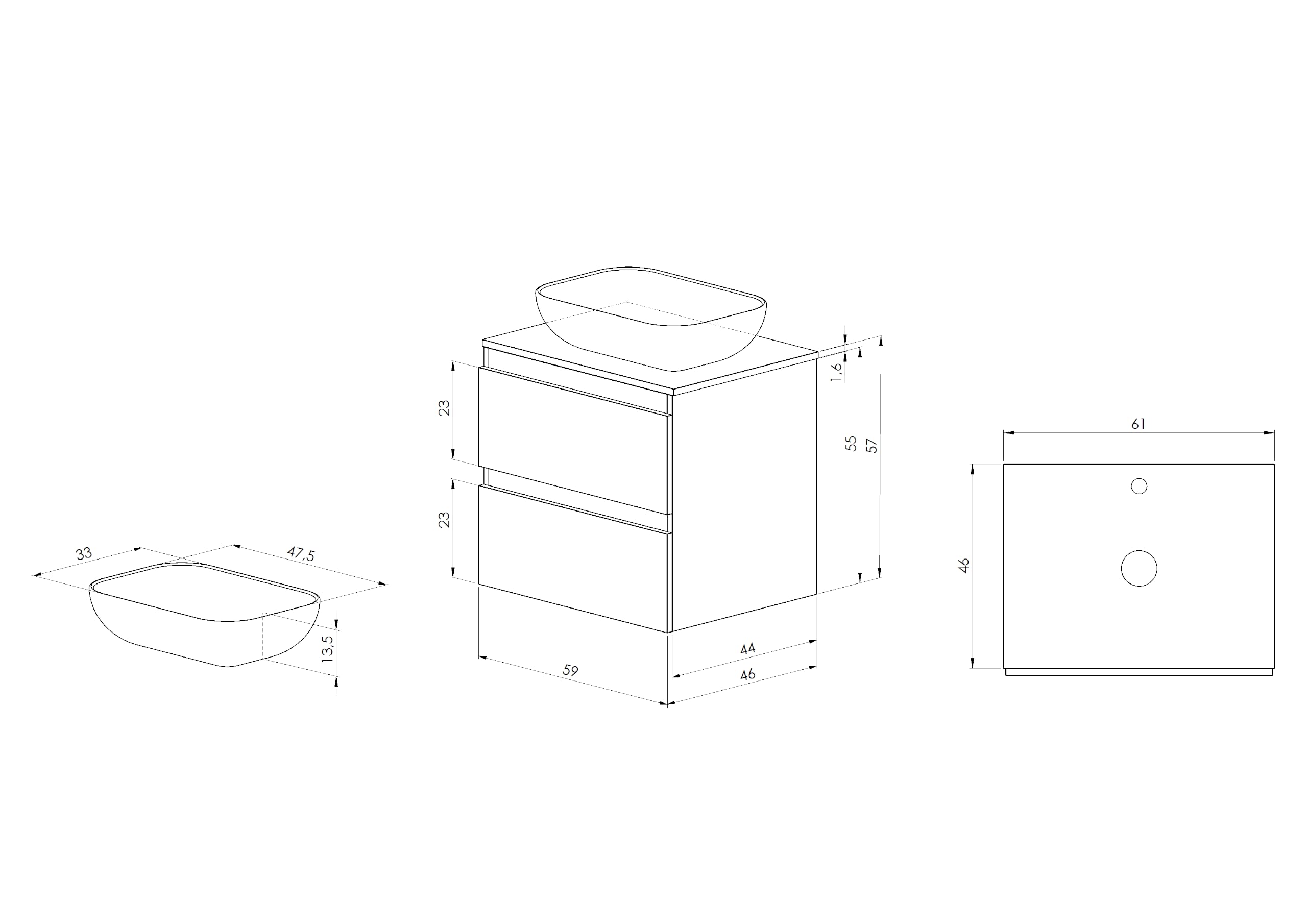 BELLOBATH - Mueble Baño Suspendido con Lavabo de Cerámica, Mueble Baño con Lavabo Montado con 2 Cajones, 60 x 55 x 46 cm, Mueble Roble y Tapa Blanca