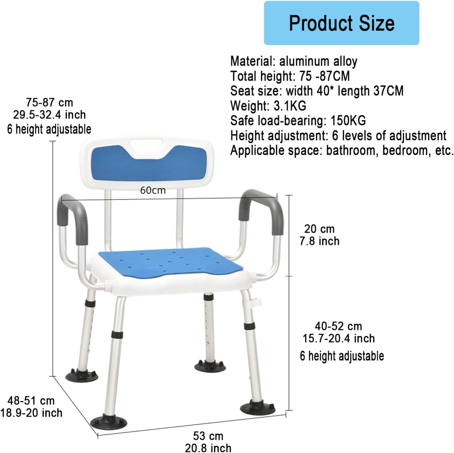 Silla de Ducha de 6 Niveles de Altura Ajustable, con reposabrazos y Respaldo Acolchados Banco Antideslizante Asiento de bañera for baño, Asientos de baño de Seguridad for Adultos Ancianos(A)