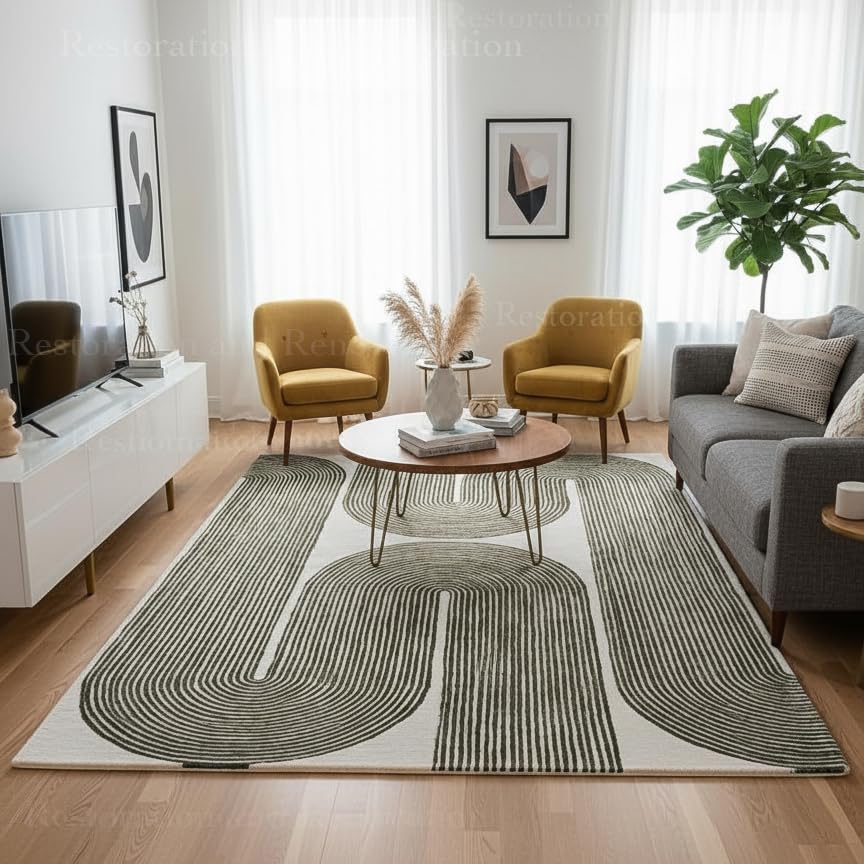 Image of Modern Handmade Wool Area Rug, Abstract Curved Line Geometric Carpet for Living Room Bedroom, Contemporary Tufted Indoor Rug with Soft Pile and Cotton Backing (Olive, 5' x 8')