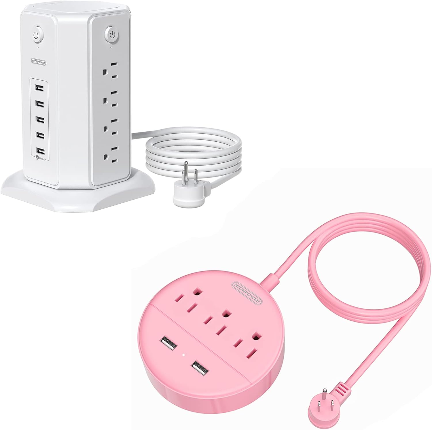 Surge Protector Power Strip Tower and Pink Flat Plug Power Strip Bundle, 10FT Long Extension Cord, 8 Outlets 5 USB and 3 Outlets 2 USB Desktop Charging Station, Individual Switches, for Home Office
