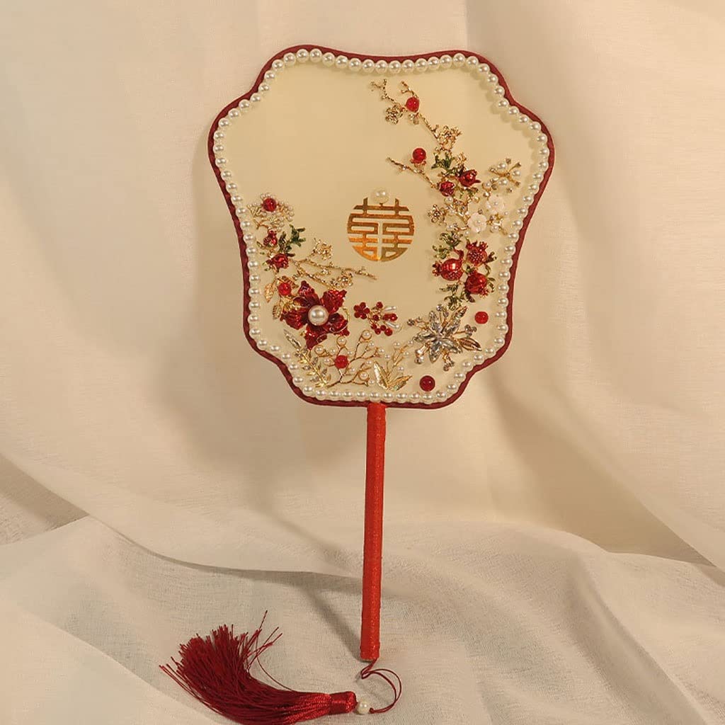 Vintage Chinese Wedding Fan Pearls Ancient Style Han Fu Accessories Brooch Bridal Bouquet Hand Held Party Gift