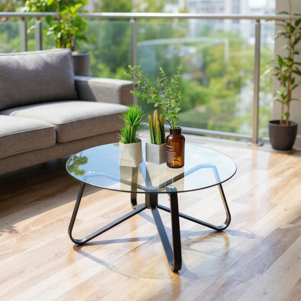 FurnitureR - Mesas de Servicio de jardín, diseño Redondo Minimalista con Bandeja de Cristal Templado de 80 cm, Mesa Baja de Metal para jardín, balcón, terraza, Bistro, Patio, 80 x 80 x 40 cm