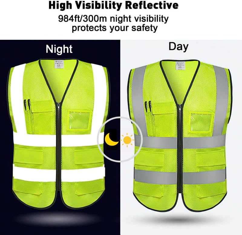 Miniatura 3 de NRGready Chaleco de seguridad de malla reflectante de alta visibilidad con 6 bolsillos y cremallera, chaleco de seguridad para hombres y mujeres