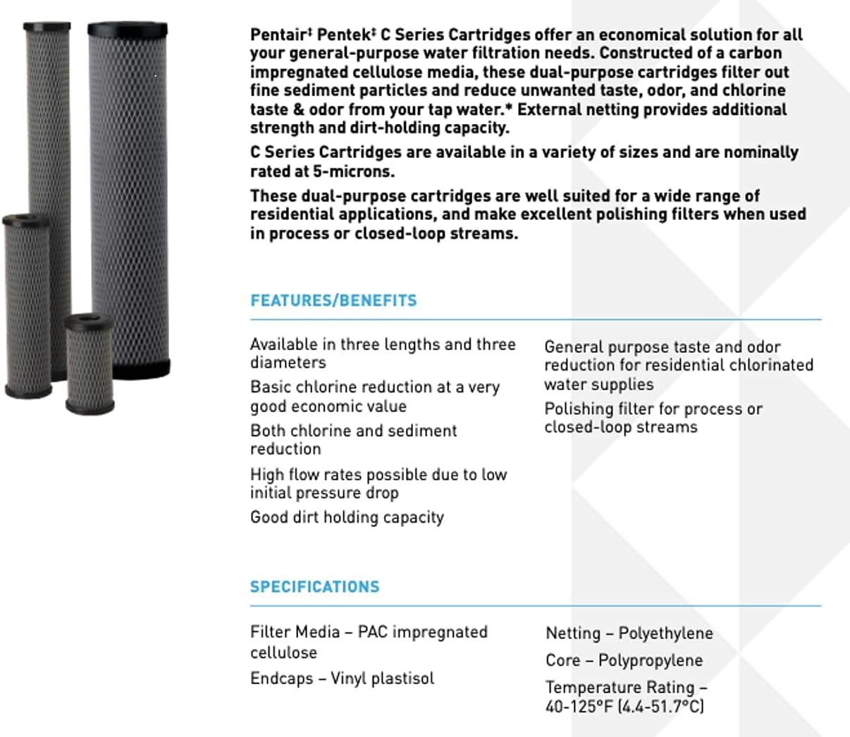 Pentek C1-20BB Big Blue Water Filter, 20-Inch Whole House Dual Purpose Powdered Activated Carbon Replacement Cartridge, 20" x 4.5", 5 Micron, Black