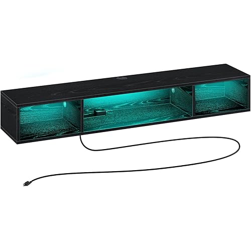 Rolanstar TV Stand with Power Outlet, Floating TV Stand with RGB Lights, 55.1" Wall Mounted TV Shelf, Black Media Console with Storage Shelf, Entertainment Shelf Under TV for Living Room, Bedroom