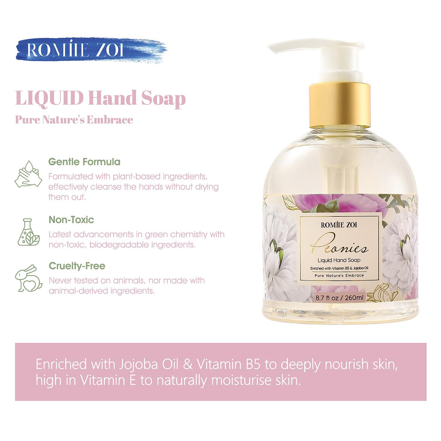 ROMIIE ZOI Liquid Hand Soap with Gift Box - Peonies - 260ml/ 8.7 fl.oz - Image 2