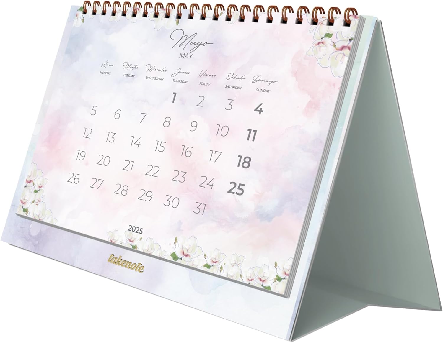 Table Calendar 2025 – Monthly January to December, Spanish and English, Size 21.5 x 15.5 cm, with Monthly and Annual Plannings, Double Wire'o Ring Closure – Takenote Valentina