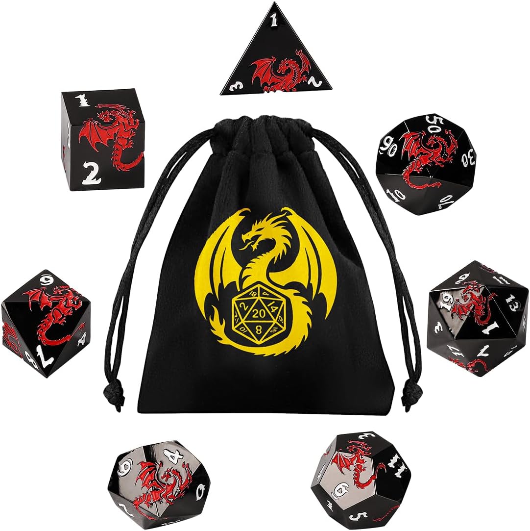 Metal DND Dice - Red Dragon Embossed Pattern, 7 Piece Polyhedral DND Dice Set, DND Starter Set, D&D Gift with Gift Bag, Role Playing Game DND Accessories, Black