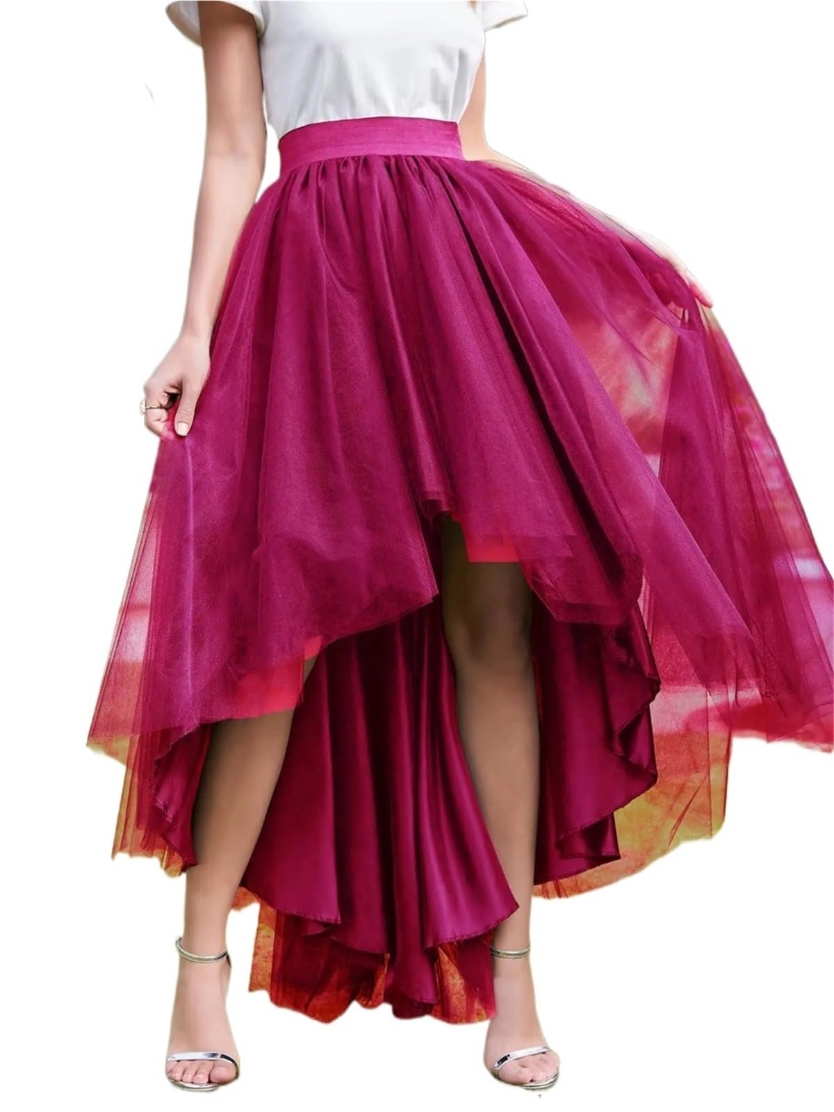 Lxlaeoang Rose2 Gown Under Petticoat Layered Tulle Skirt Tiered Ruffles Asymmetrical Prom Skirt(Rose2)