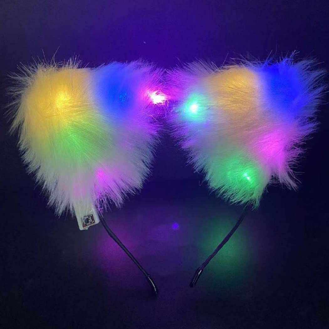 DRESBE LED Headbands Light Up Cat Ears Headband Faux Fur Hair Hoop Cute Festival Hair Accessories for Women and Girls(2pcs)