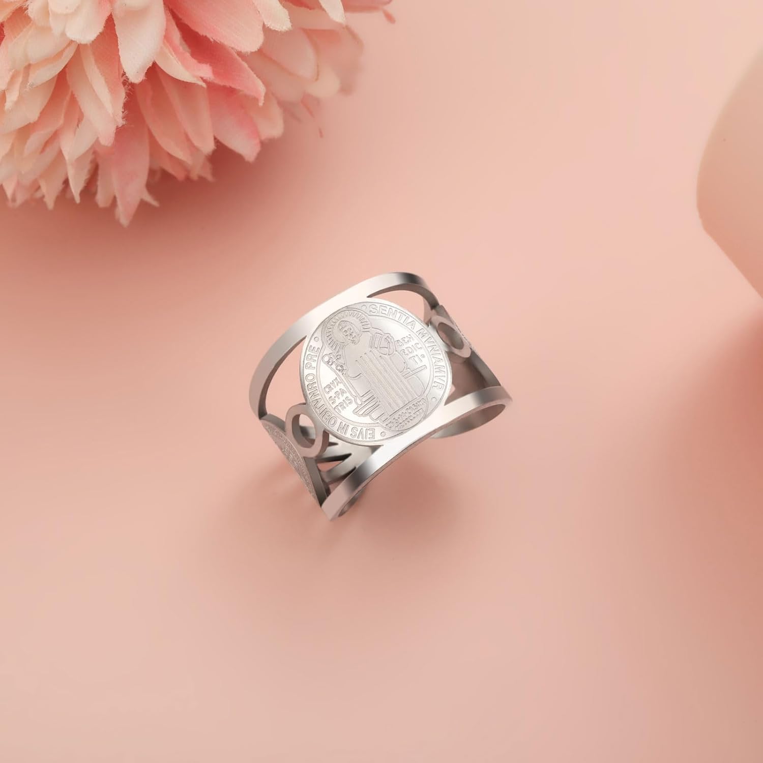 TEAMER Religious Saint Benedict Ring Stainless Steel Resizable St. Benedict Ring Catholic Christian Faith Evil Protection Amulet Jewelry For Women Men - Image 8