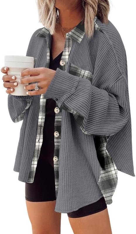 SHEWIN Chaqueta de punto gofre para mujer, diseño a cuadros, con botones, holgada, de manga larga