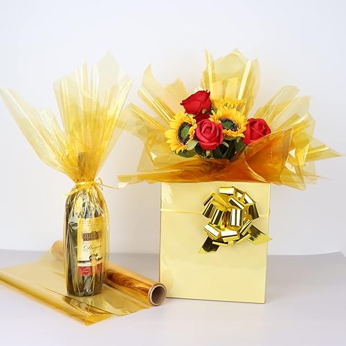 Miniatura 2 de CMFYHM Rollo de envoltorio de celofán dorado iridescente I 86 cm de ancho X 15 m de largo I Celofán colorido perfecto para canastas, regalos,