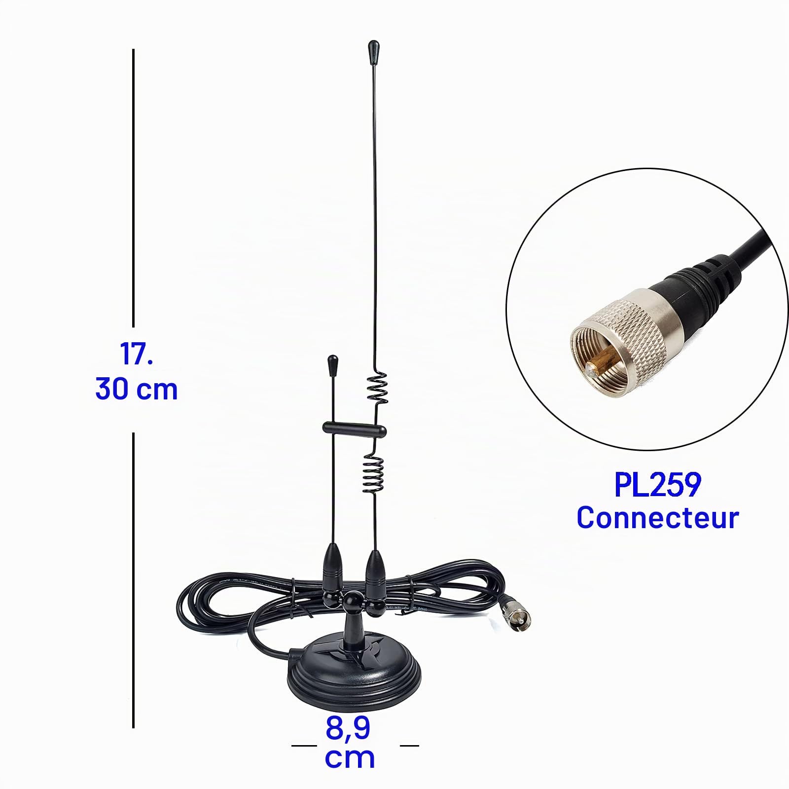 UAYESOK Antenne Radio Mobile Bi-Bande VHF UHF 2M/70Cm Antenne De Base Magnétique - Prise Pl259 avec Câble Coaxial Rg-58 De 13Pieds (4M) pour Émetteur-Récepteur De Taxi Voiture Vehicel Scanner (Noir)
