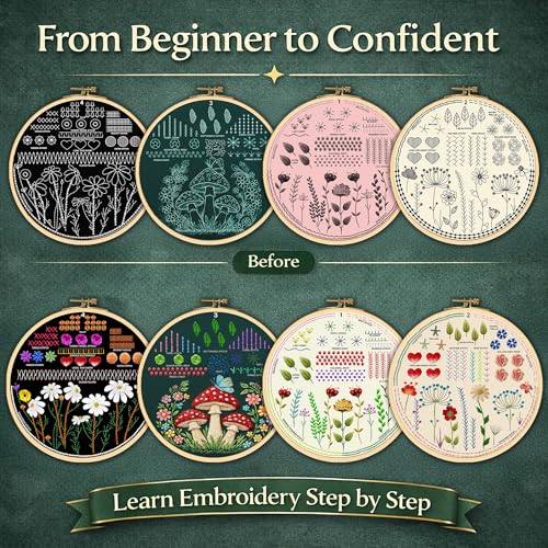 Image of Moni Crafts - Embroidery Kit for Beginners Adults - Learn Embroidery Stitches, Complete Starter Kit with 4 Pre-Printed Patterns (Mushroom & Floral), Threads, Needles & Hoop - Video Tutorials