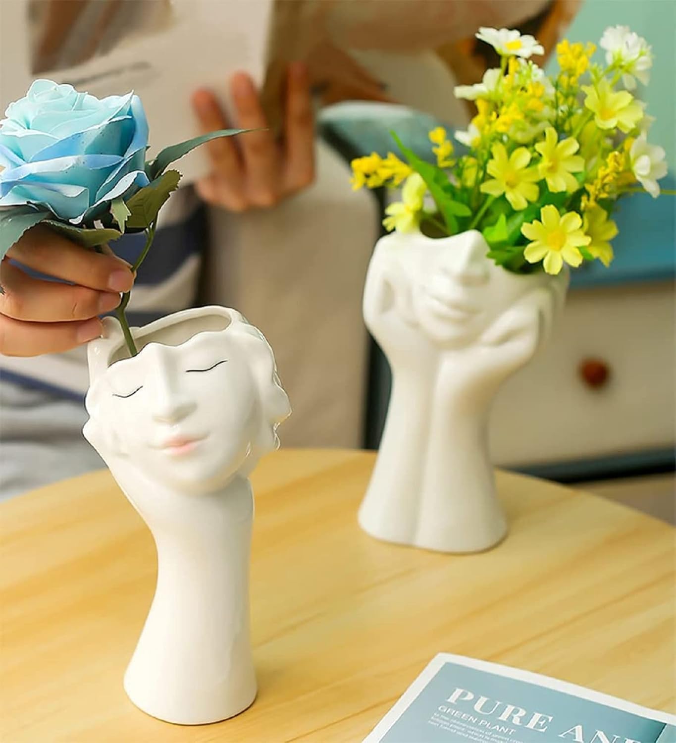 Female Head Face Vase, Ceramic Plant Pots, Flower Planter Figurines Statue Table Centerpieces Sculpture for Wedding Office Kitchen Home Decoration (#1 White with Pink Lip)