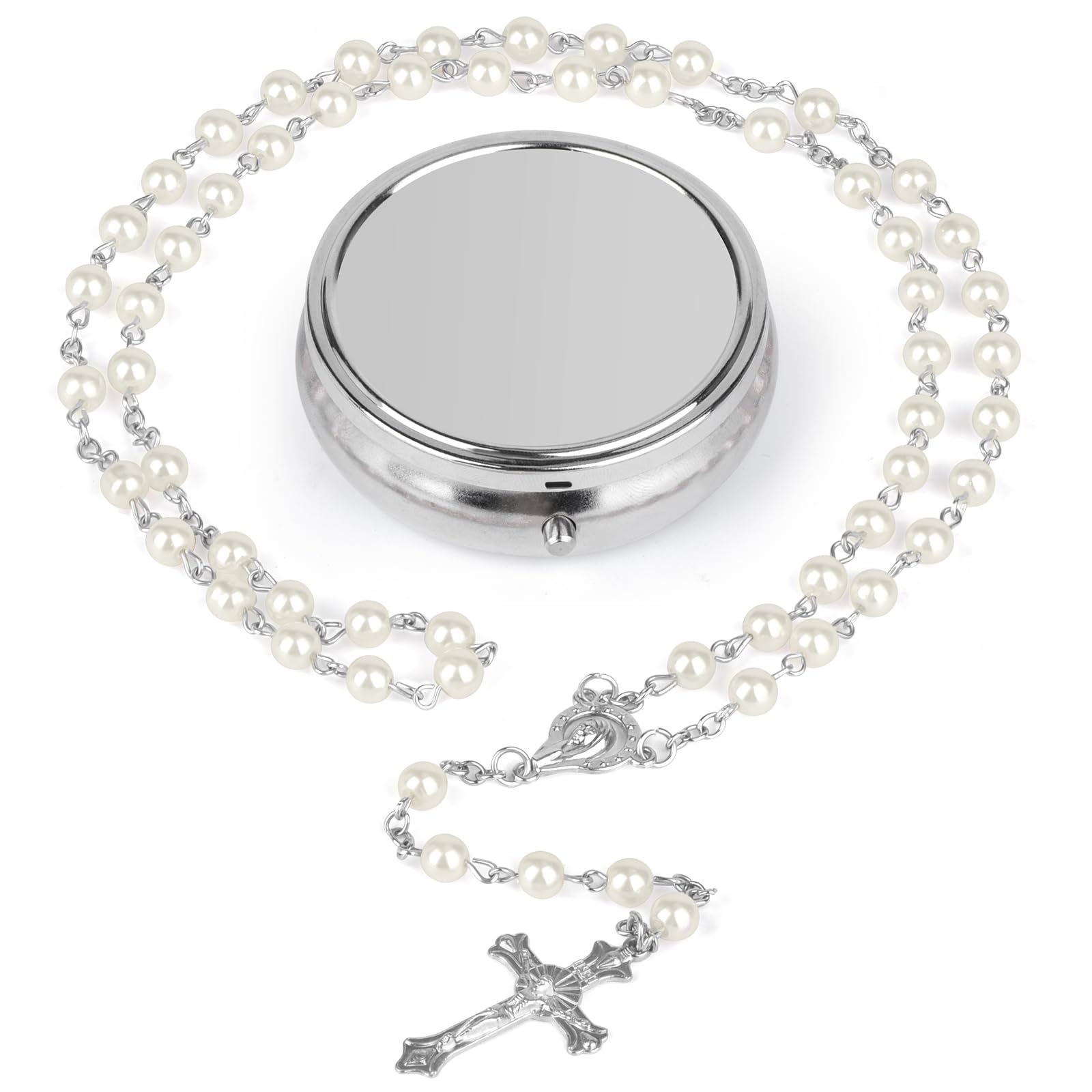 Rosary Beads Catholic Necklaces,Confirmation Gifts for Women, with Virgin Mary Center Piece and Crucifix, Silver Simple Style Metal Gift Box(White)