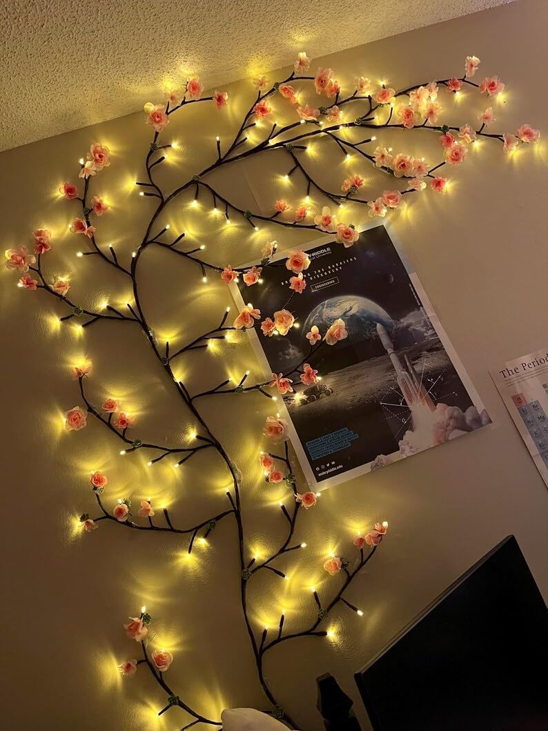 cherry blossom lights led tree branch wall decor – diy flexible lighted cherry blossom branches with remote, 8 modes & timer – fairy string lights for bedroom, living room, aesthetic home decoration