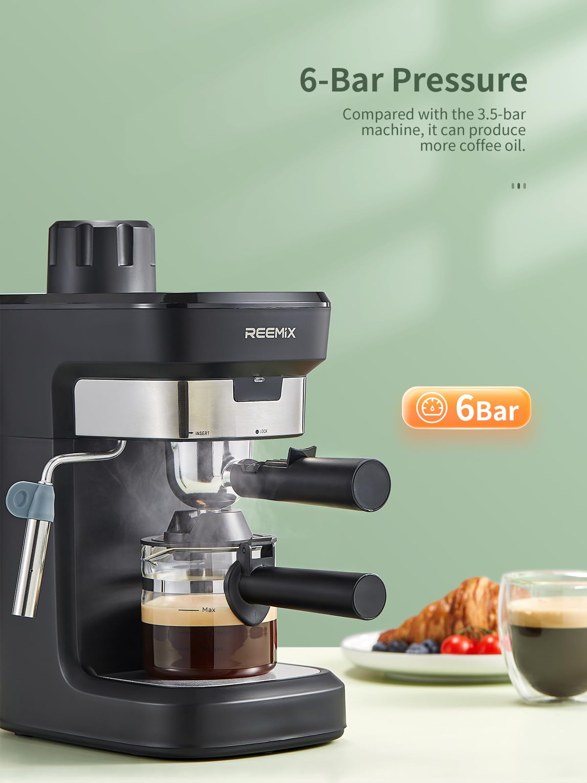 Reemix Espressomaschine mit Siebträger 6-Bar Edelstahl Milchaufschaumdüse Schwarz
