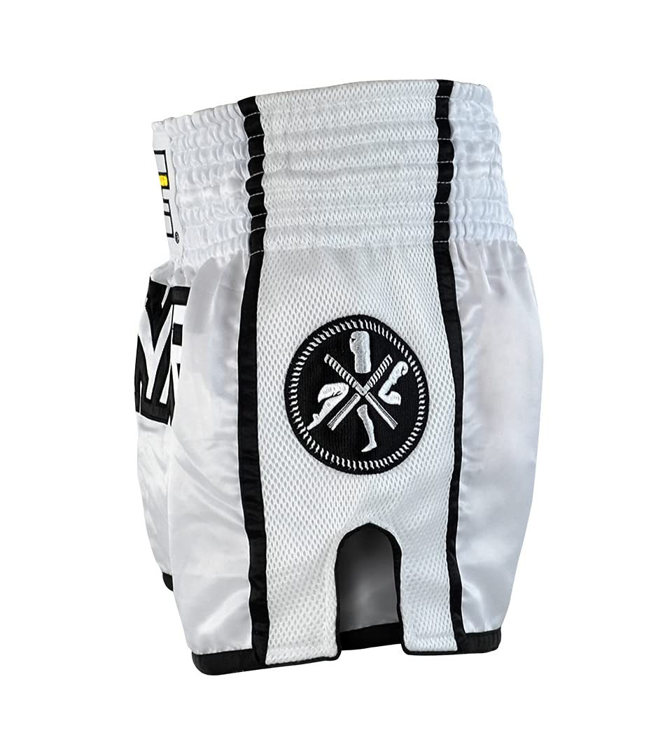 CRNR Muay Thai Shorts | Kickboxing Thai Boxing MMA Training Competition Athletic Shorts | White/Black | Youth Small