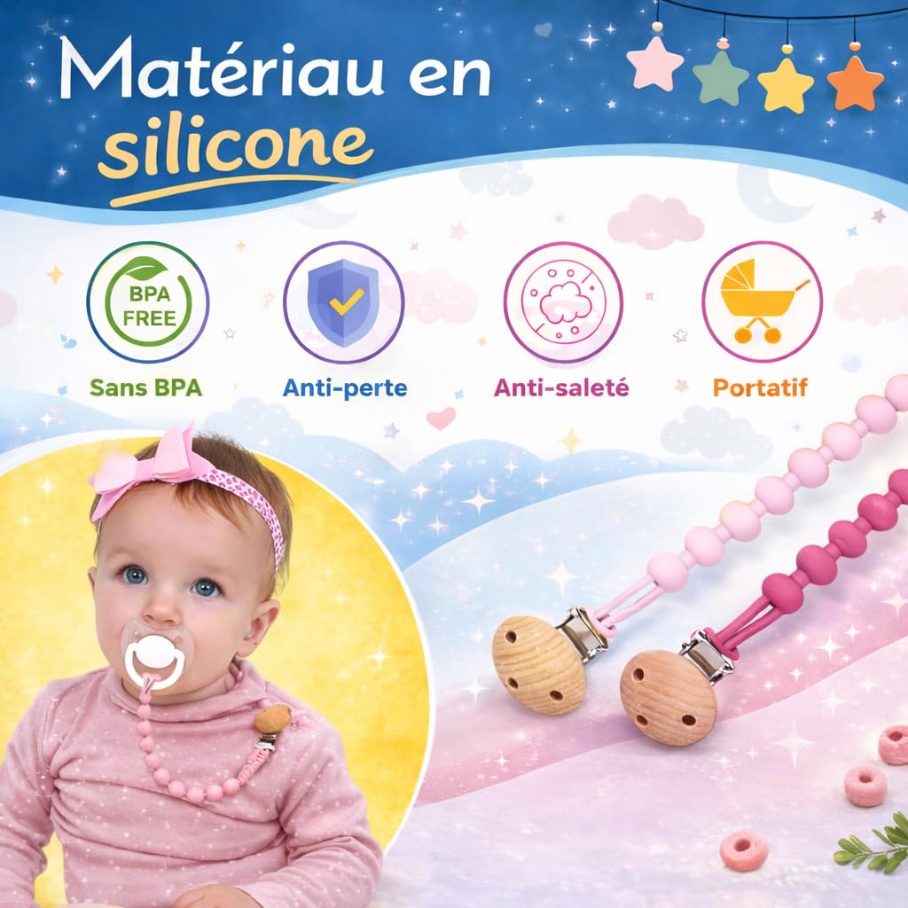 Attache Tetine (2 Couleurs) Attache Sucette - Accroche Tétine Bebe - Lot De 2 Accroches -Tétines En Silicone De Haute Qualité (Rose foncé/Rose clair)