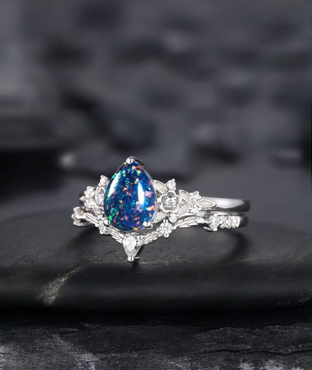 Vintage Pear Shape Black Fire Opal Engagement Ring Set, Unique White Gold Floral Opal Wedding Ring Bridal Set, Promise Ring for Women