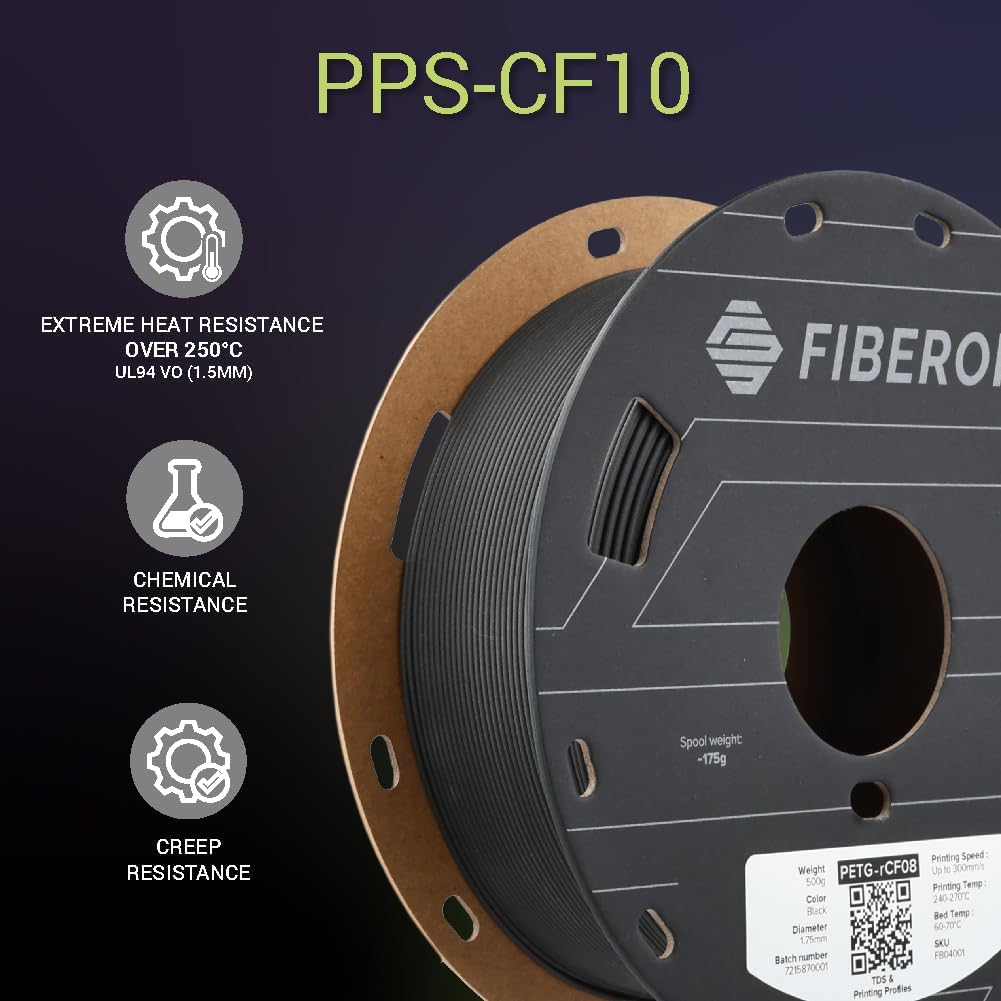 Polymaker Fiberon PPS-CF10 Filament Black 1.75mm 0.5kg, Extreme Heat Resistance - Fiberon Carbon Fiber Reinforced PPS 3D Printing Filament Ideal for Molding