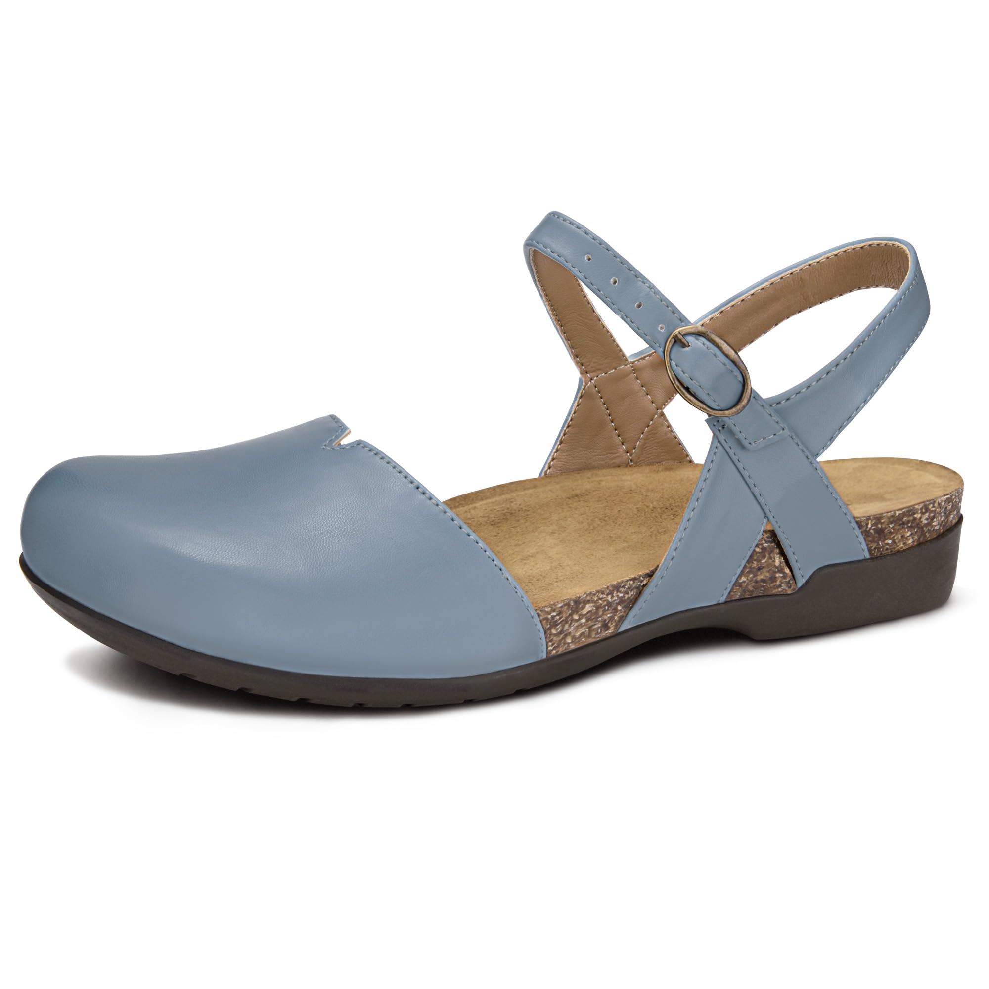 Closed Toe Sandals Women, Barefoot Arch Support Flat Sandals for Office Work and Travel with Comfortable Cork Footbed