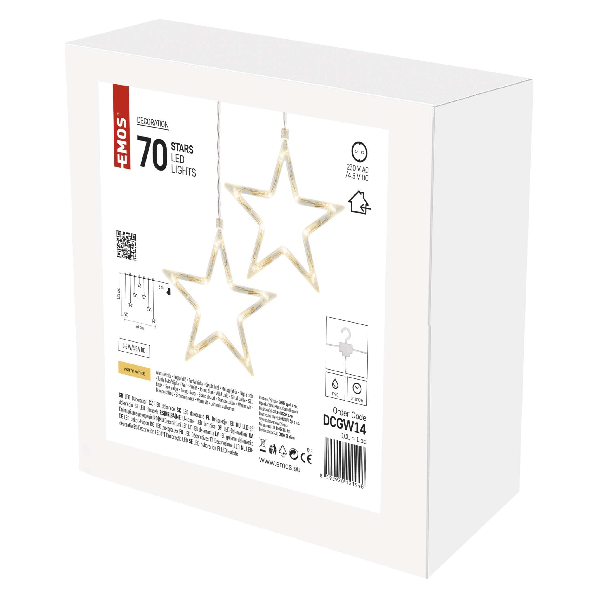 EMOS Girlanda z gwiazdami z 70 diodami LED, kurtyna świetlna 67 cm + przewód zasilający 5 m, ciepła biel, girlanda świetlna LED + zasilacz, czas świecenia 10 000 h, IP44 do użytku wewnątrz i na