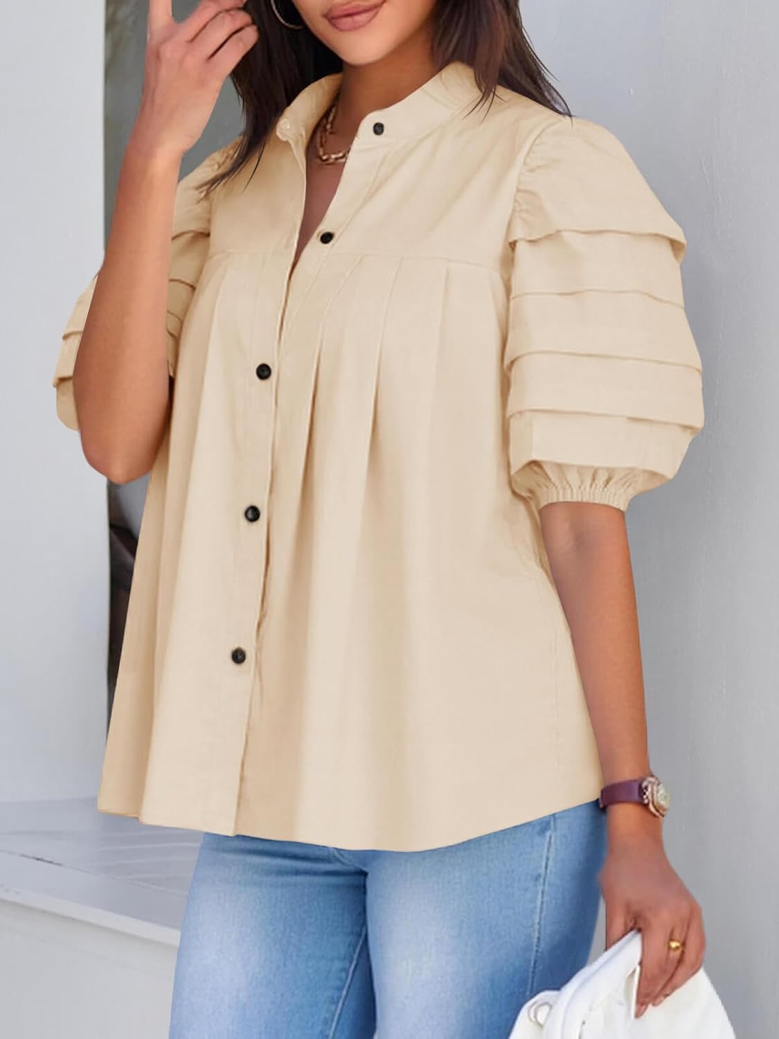 Tankaneo Womens Puff Short Sleeve Button Down Shirts Cotton Pleated Babydoll Blouses Trendy Casual Loose Fit Tops - Image 2