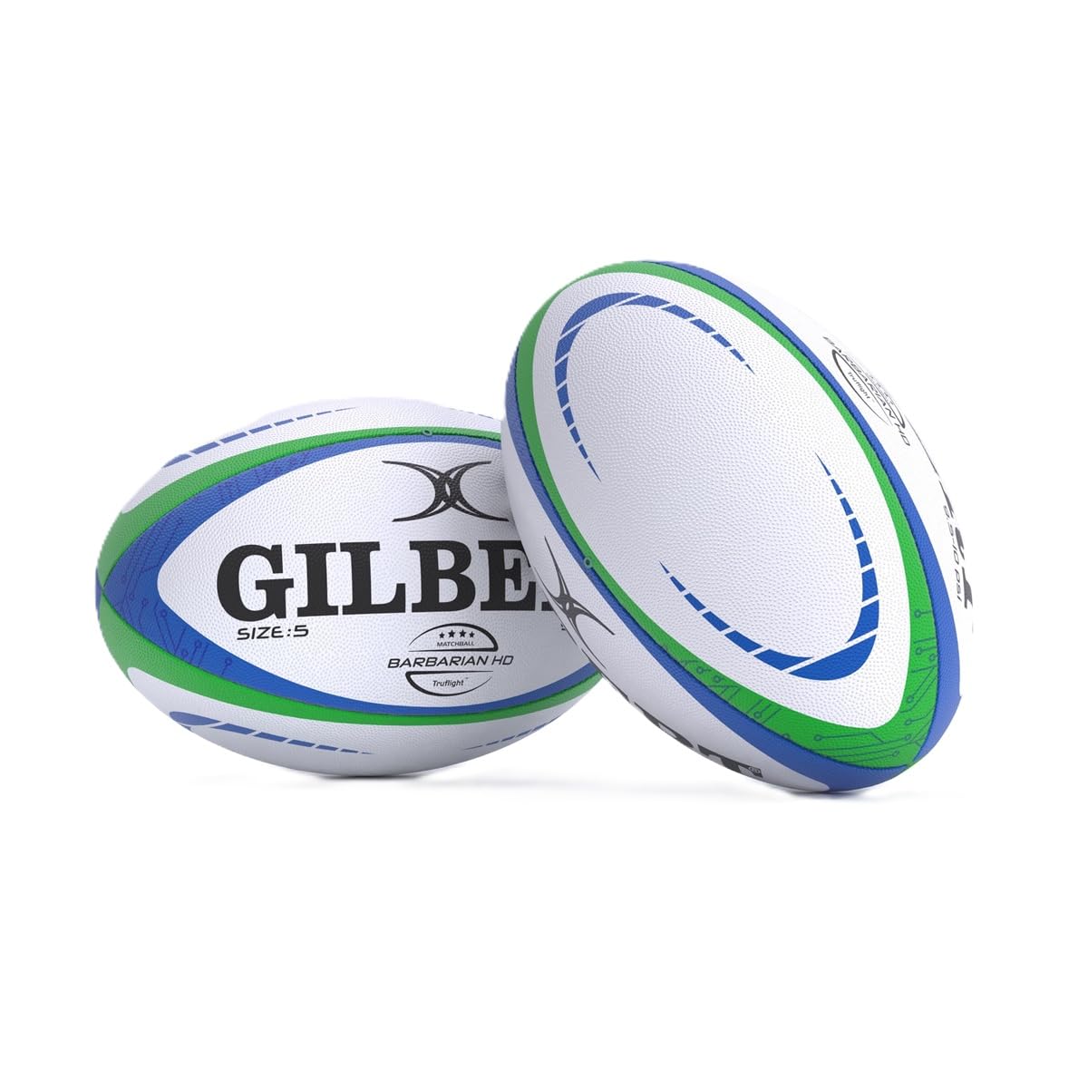 Gilbert Pallone da rugby Barbarian HD, misura 5, colore: bianco, verde, blu