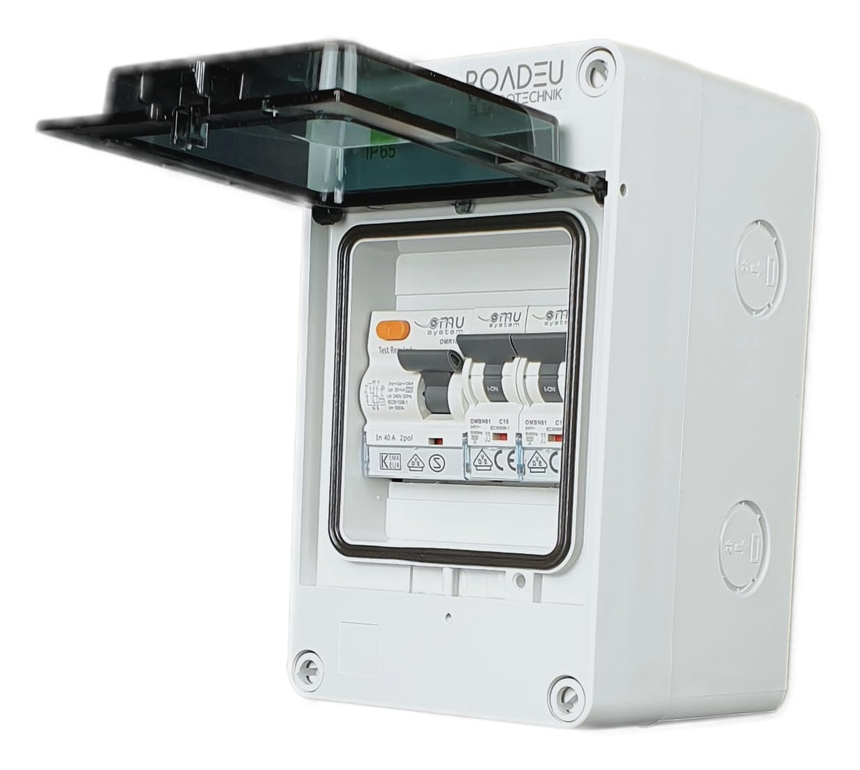 RoadEu - Quadro Elettrico Di Distribuzione - Interruttore automatico C10A e C16A, magnetotermico differenziale 40A 30mA 2P tipo A/AC, IP65 perfetto per il garage, il capanno o il giardino