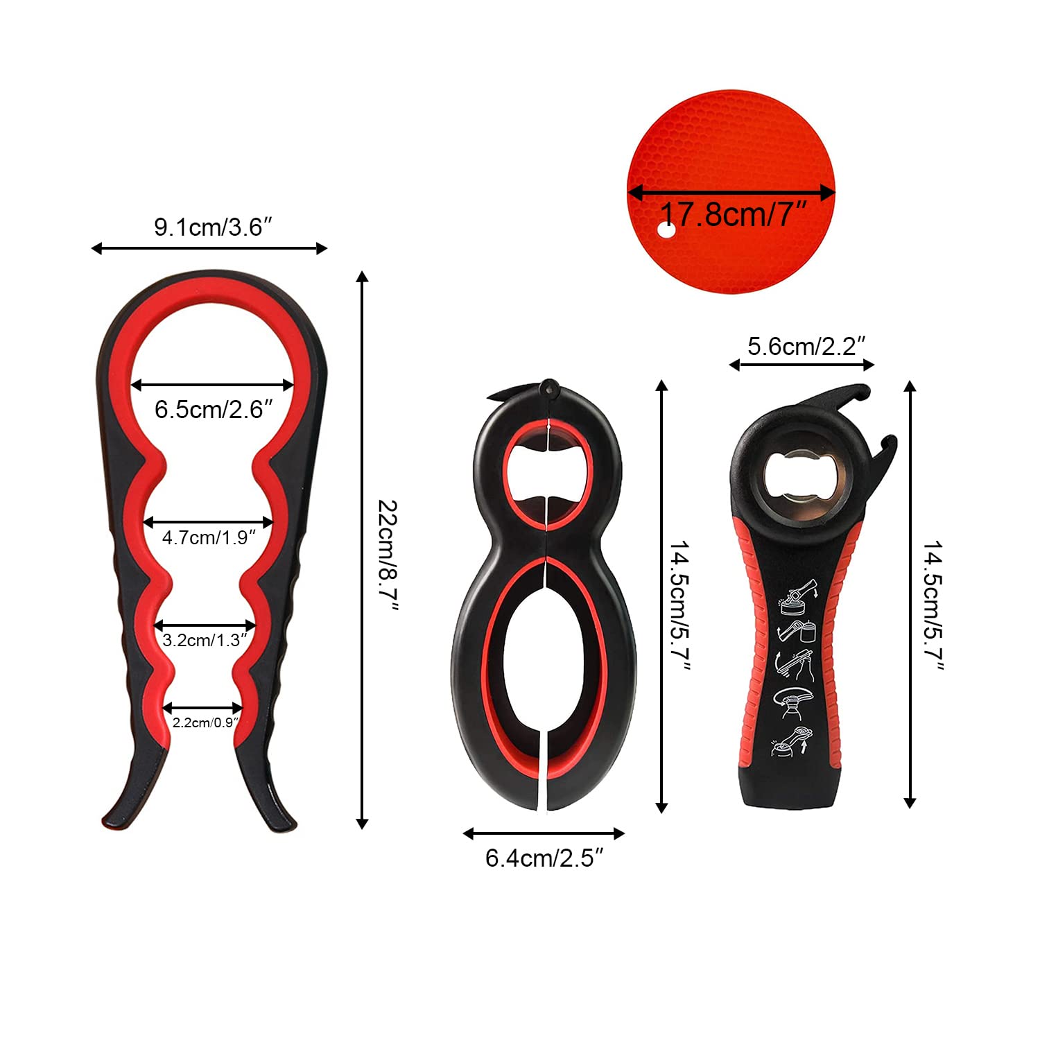 Spring.Rd 4-in-1 Jar Opener Set, 4 Packs Rubber Jar Opener for Weak Hands Seniors with Arthritis, Black and Red, Plastic - Image 2