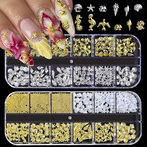 MissJelly Nail Charms 2Boxen Gold Silber Sommer Nagel Charms 3D Gold Ozean Seestern Nail Art Dekoration 3D Gold Nail Gems Nagel Deko für Frauen Acryl Nagel