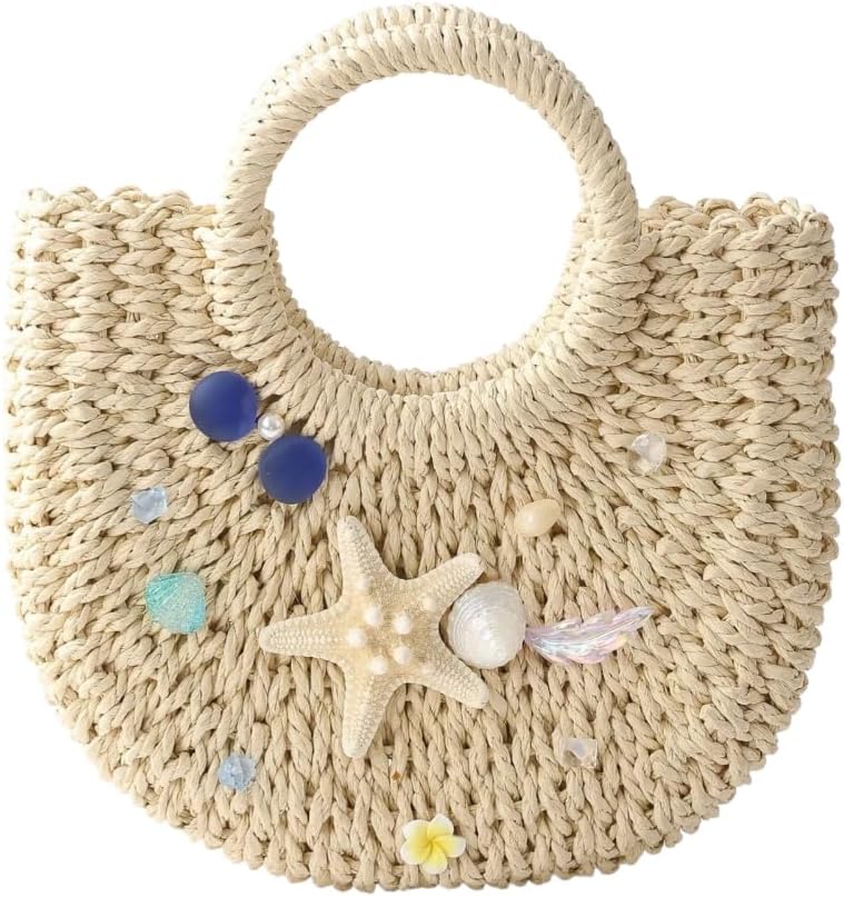 Starfish Purse White Straw Beach Bag, Woven Crossbody with Seashell Starfish Decor, Summer Cute Handbag for Women