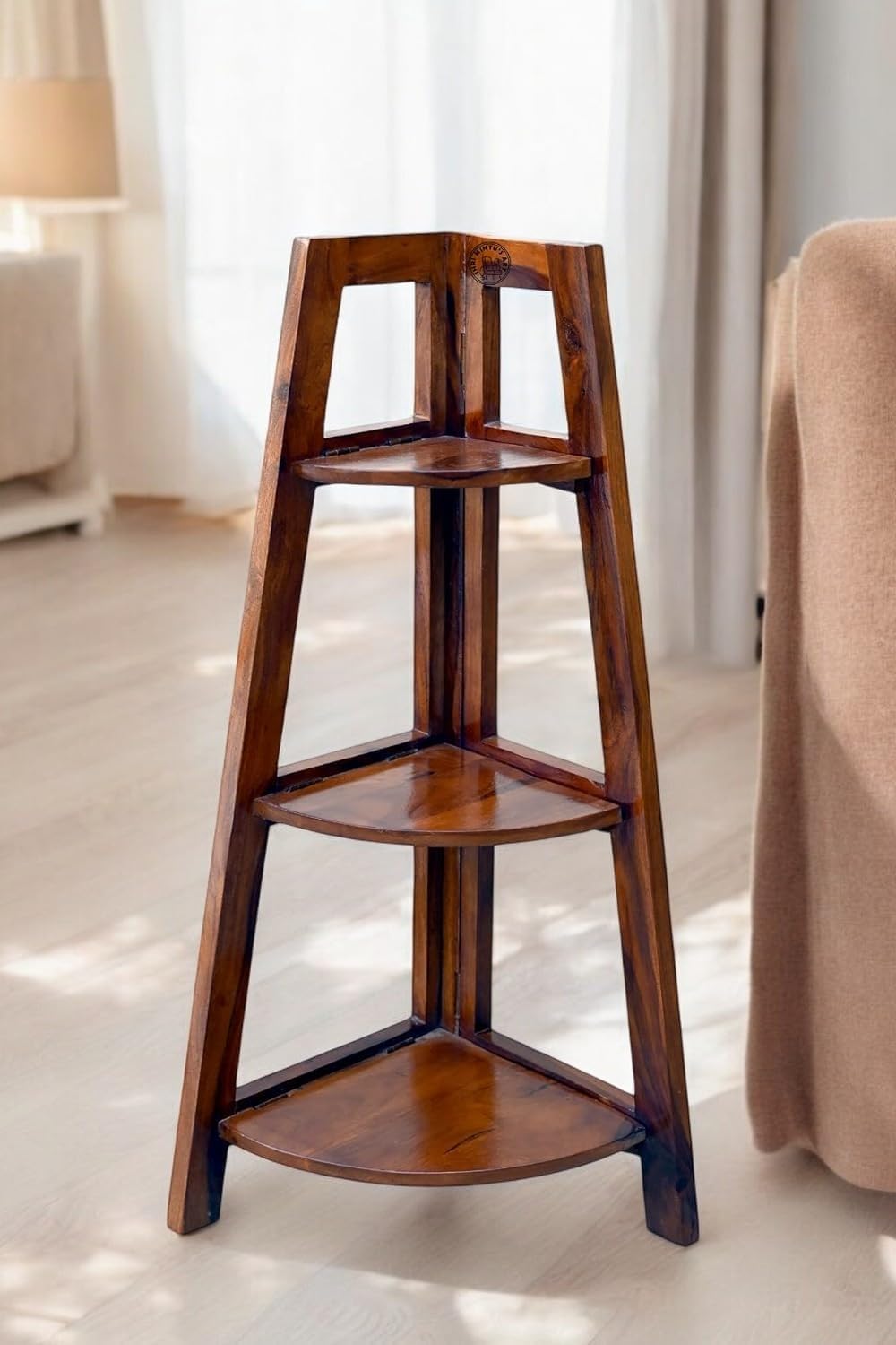 PARSHANT ART Wooden Corner Bookshelf for Living Room | Book Shelf 3 Tier Ladder Book Cabinet Corner Shelf, Bookshelf for Home Decor | Solid Wood Sheesham, Brown Finish-image-37