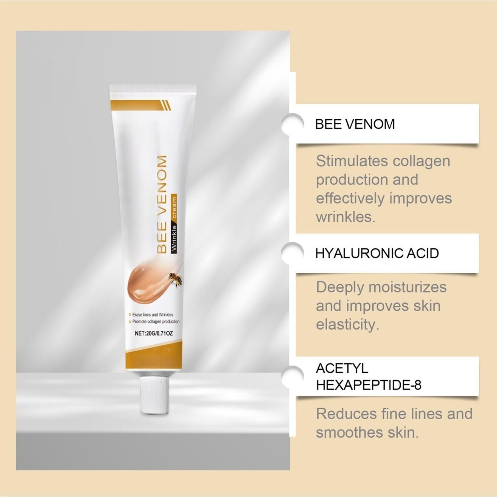 Crema antirughe al veleno d'ape, ape venom idratante e rassodante viso e collo, cura età per lisciare le rughe, prodotti antirughe a base di veleno d'api, adatto a tutti