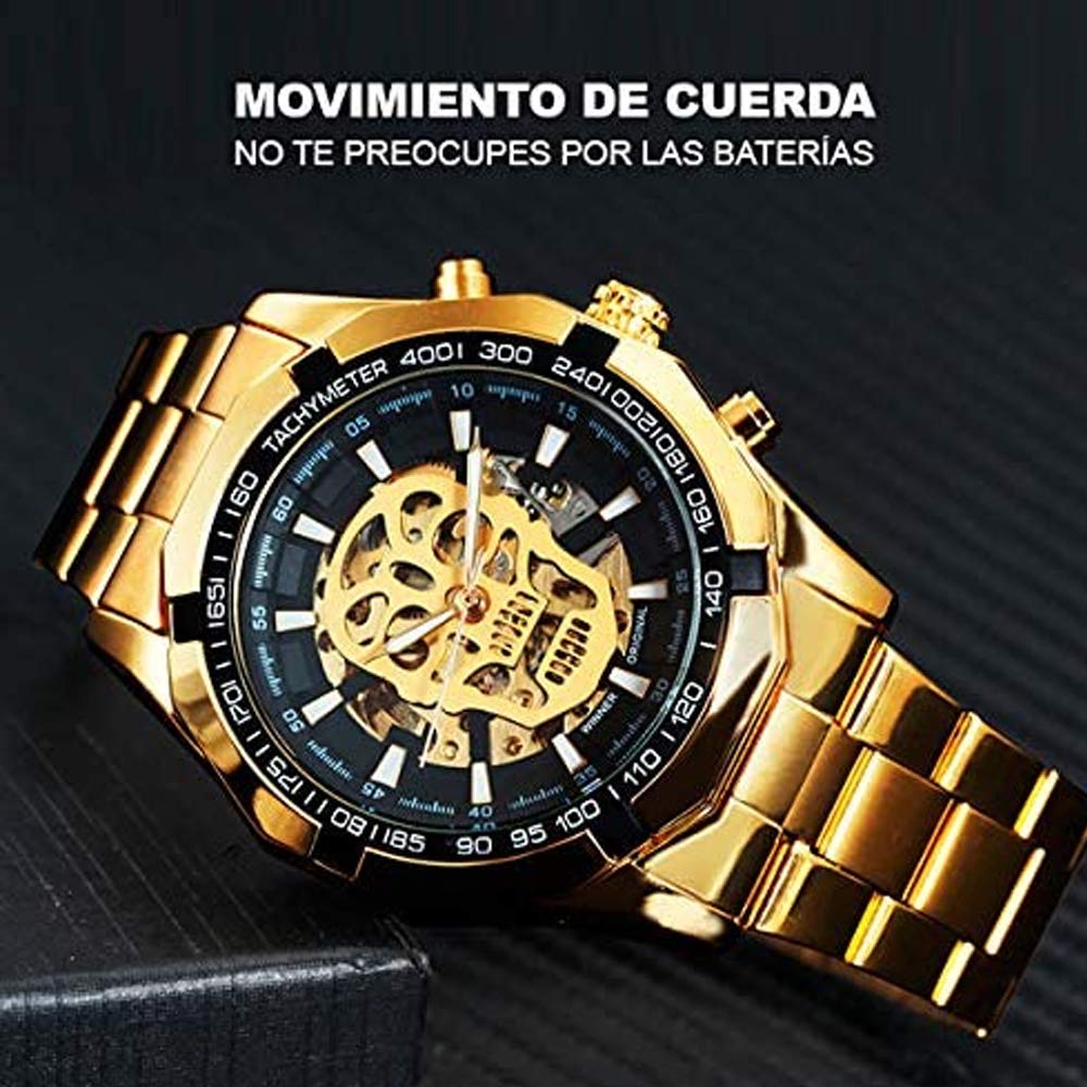BLACK MAMUT Reloj Hombre Carátula de Calavera, Skull, Movimiento, Análogo, Movimiento Automático, Correa Metálica, Hebilla Broche, Diseño Moderno, Elegante, Contemporáneo