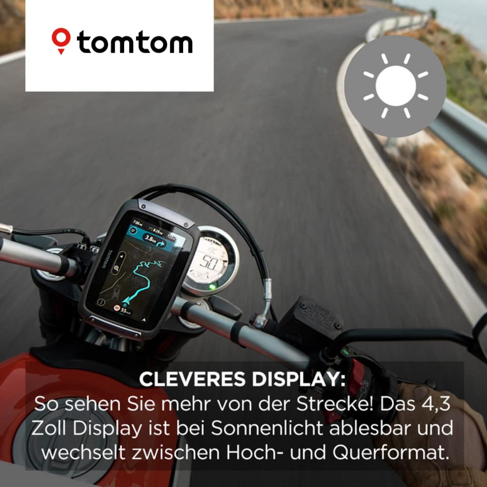 TomTom Rider 50 Motorrad-Navi (4,3 Zoll, mit kurvigen und bergigen Strecken speziell für Motorräder, Updates über Wi-Fi, 3 Monate TomTom Traffic und Radarkameras, 23 Länder Westeuropas) Elektronik & Foto