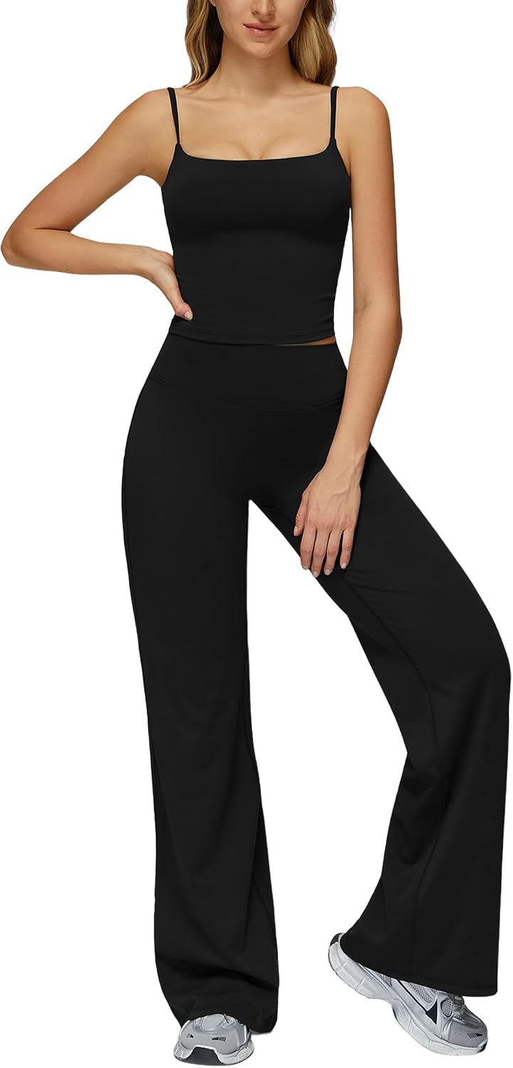 AGYMNX Workout Sets for Women 2 Piece Square Neck Tank Top and Butt-lifting Flare Leggings with Pockets Active Outfits